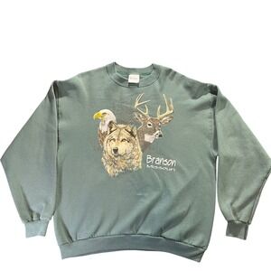 VTG 90s Tee Jays Mens XXL Branson Missouri Wolf Eagle Deer Graphic Sweatshirt